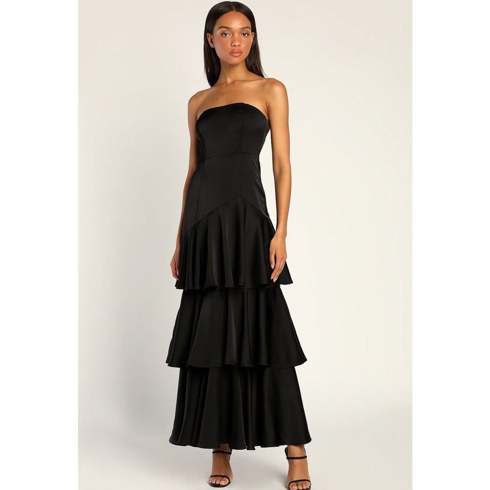 Lulus Blissfully Beautiful Black Satin Strapless Tiered Maxi NWT Medium